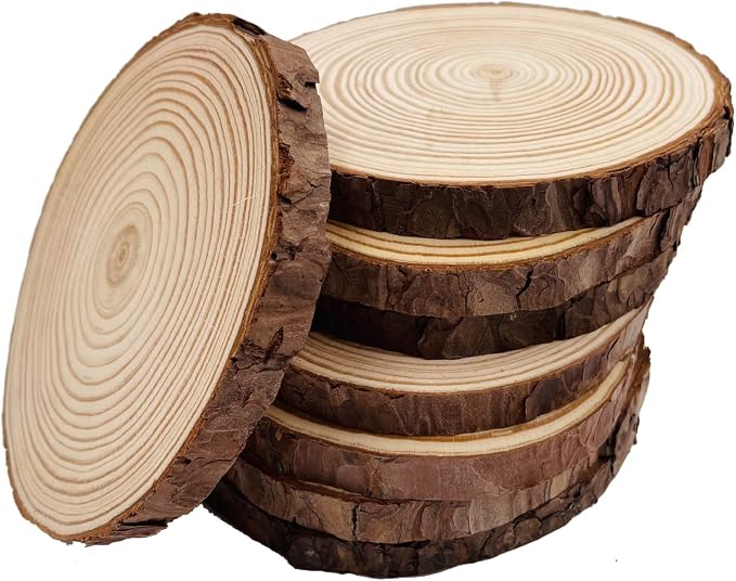 Unfinished Natural with Tree Bark Wood Slices 8 Pcs 5.5-6 inch Disc Coasters