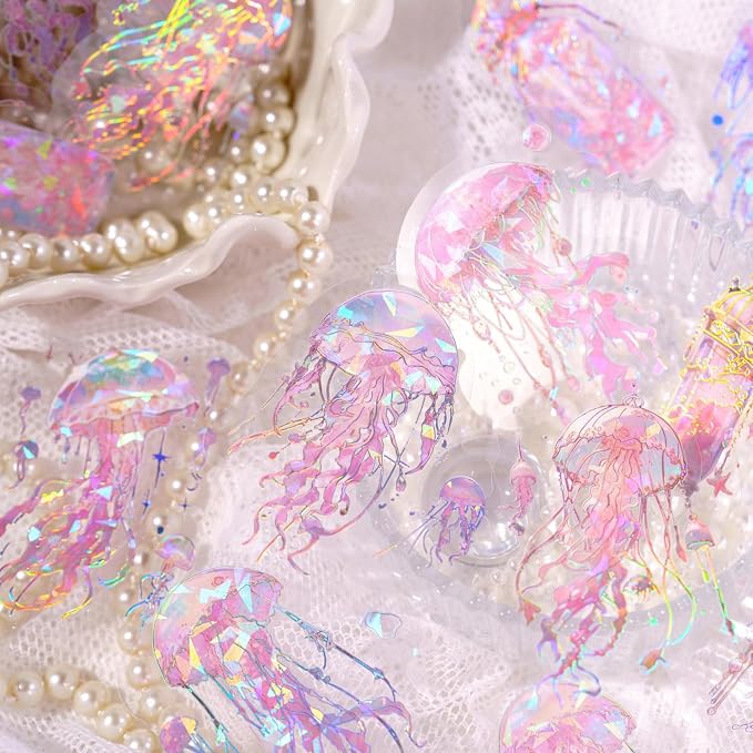 120 Pcs Holographic Glitter Jellyfish Ocean Life Stickers