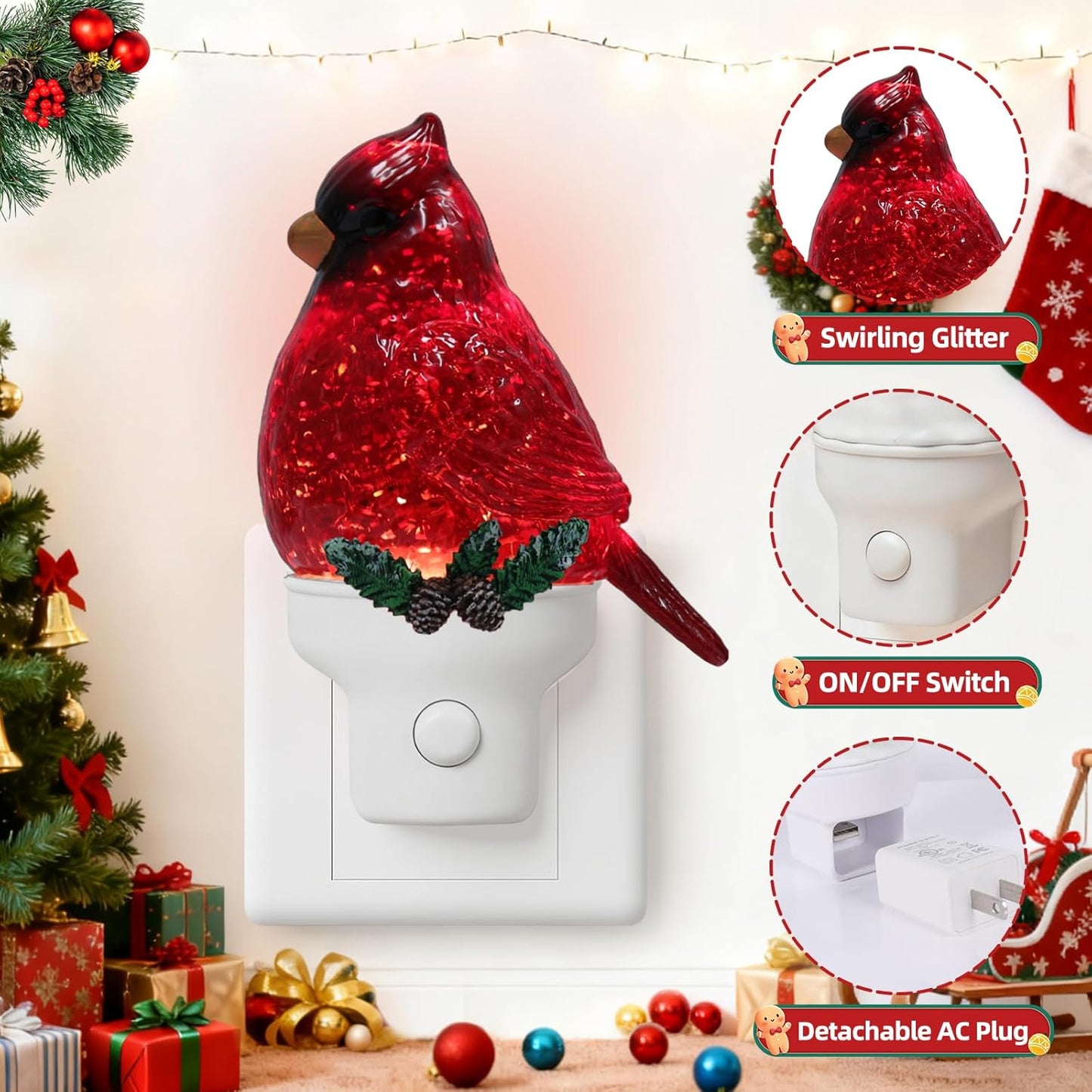 Christmas Cardinal Night Light Plug into Wall Swirling Glitter USB Portable Christmas Decorative Night Light Decoration for Kids Adults Bedroom Kitchen Living Room Holiday Decor (Cardinal)