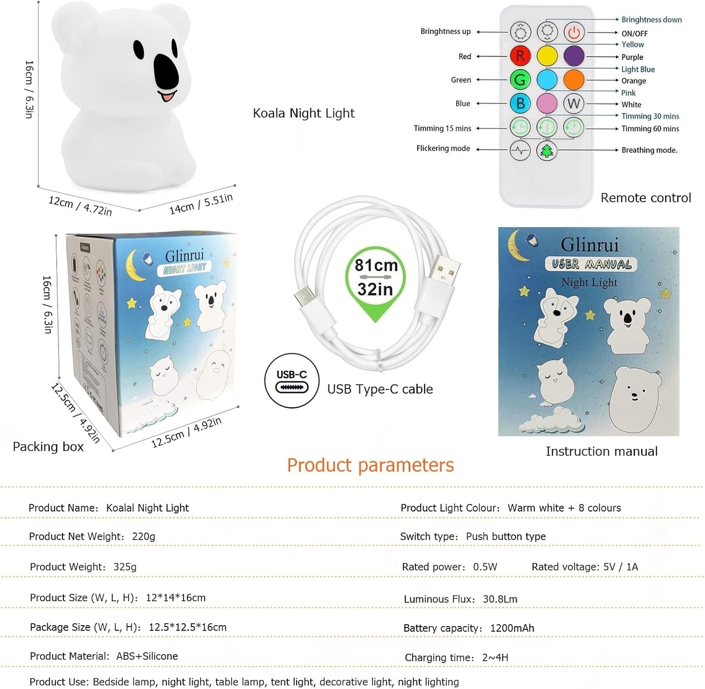 Large Koala Night Lights Kid Bedside Bedroom Light, Nursery Moon lamp, Portable Color Changing Care Lamps - Break Resistant, Eye Caring, Adjustable Brightness & Color and Time Setting - Large