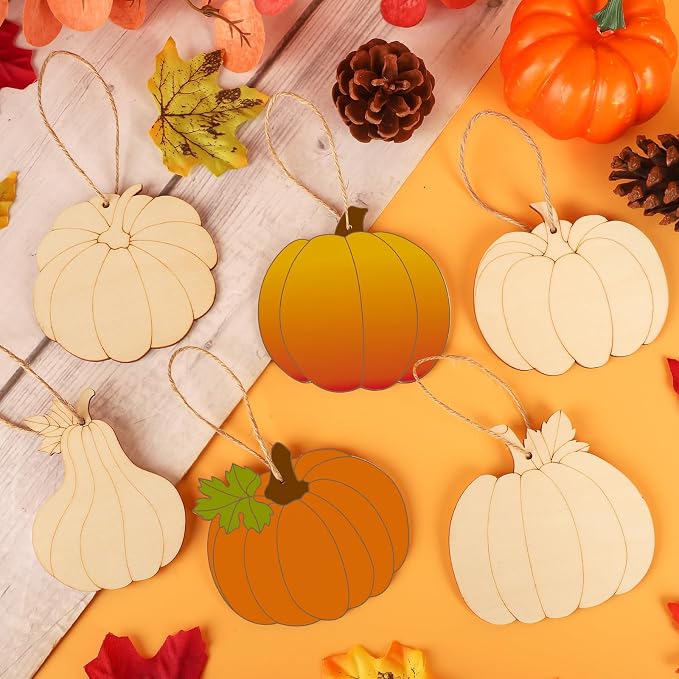 24 PCS Unfinished Wooden Fall Crafts, Pumpkin Shaped Hanging Ornaments DIY Wood