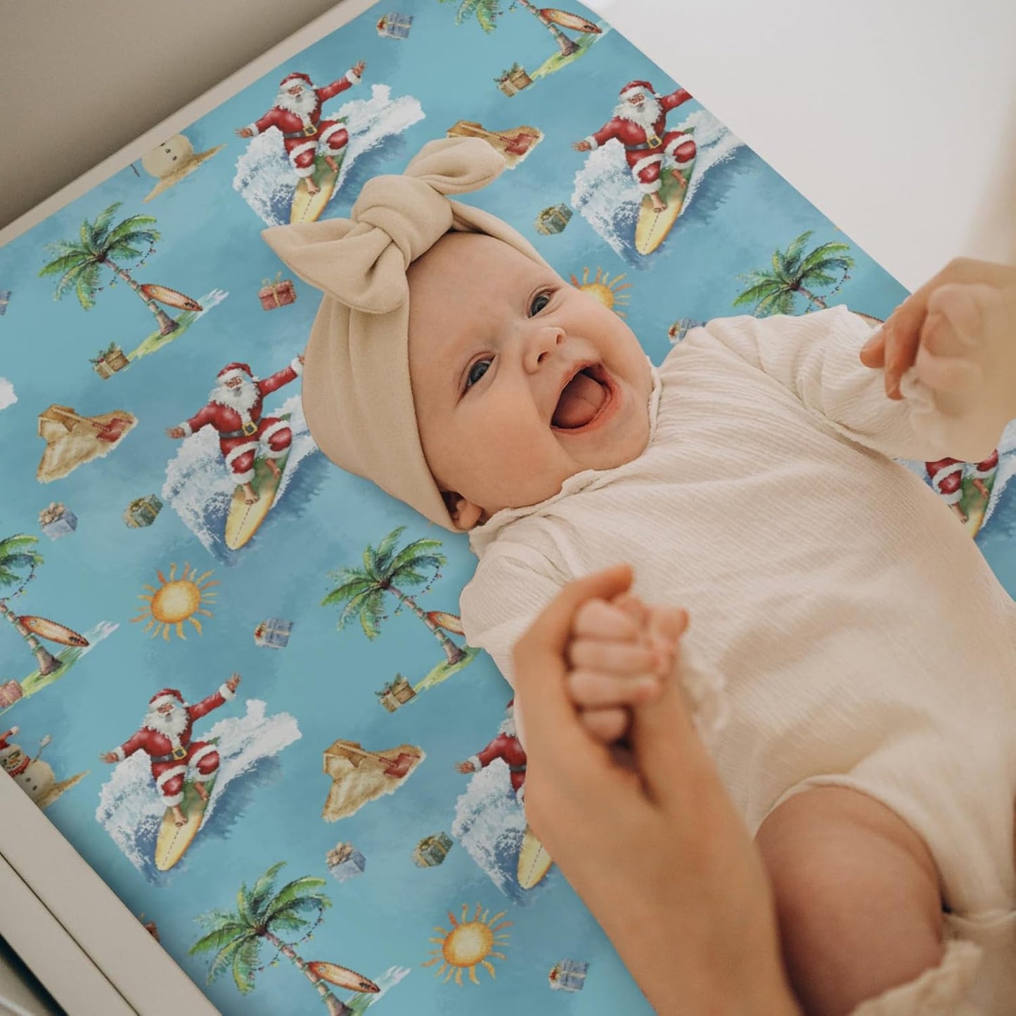 Christmas Surfing Santa Beach Baby Changing Pad Covers for Boy Girl Summer Santa Surfboard Palm Tree Gifts Fitted Changing Table Mats Winter Holiday Festive Soft Diaper Change Table Sheets 32''×16''