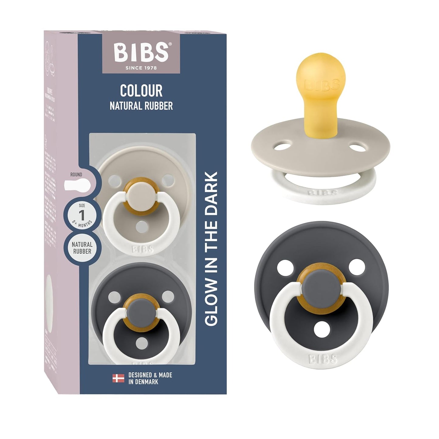 BIBS Colour Night Glow in The Dark Soother 2-Pack, BPA Free Dummy Pacifier, Round Nipple. Natural Rubber Latex, Made in Denmark, Size 1 (0-6 Months), Sand Glow/Iron Glow