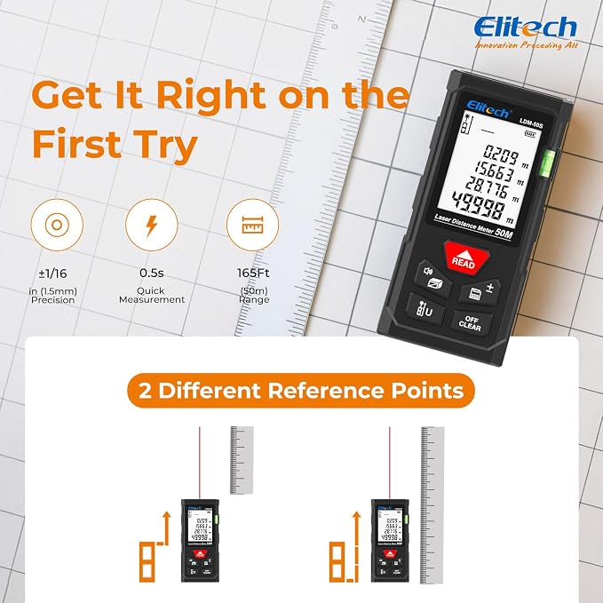 Elitech Laser Tape Measure, 165ft Laser Distance Meter