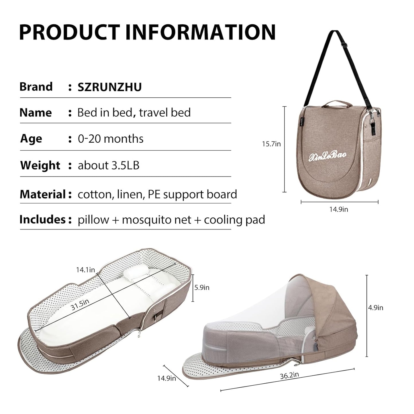 Portable Bassinet for Baby Travel Lounger Foldable Baby Co-Sleeping Bed with Mosquito net + Cool mat Carry Bag & Storage Pocket (Khaki)