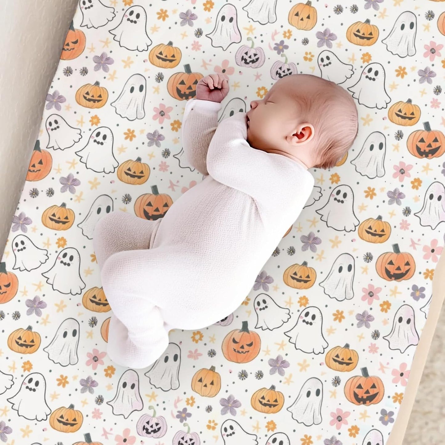 Cartoon Halloween Floral Pumpkin Flowers Pattern Baby Changing Pad Cover, Unisex Fall Winter Holiday Nursery Diaper Changing Table Pad Mat Sheet for Boys Girls-16x32