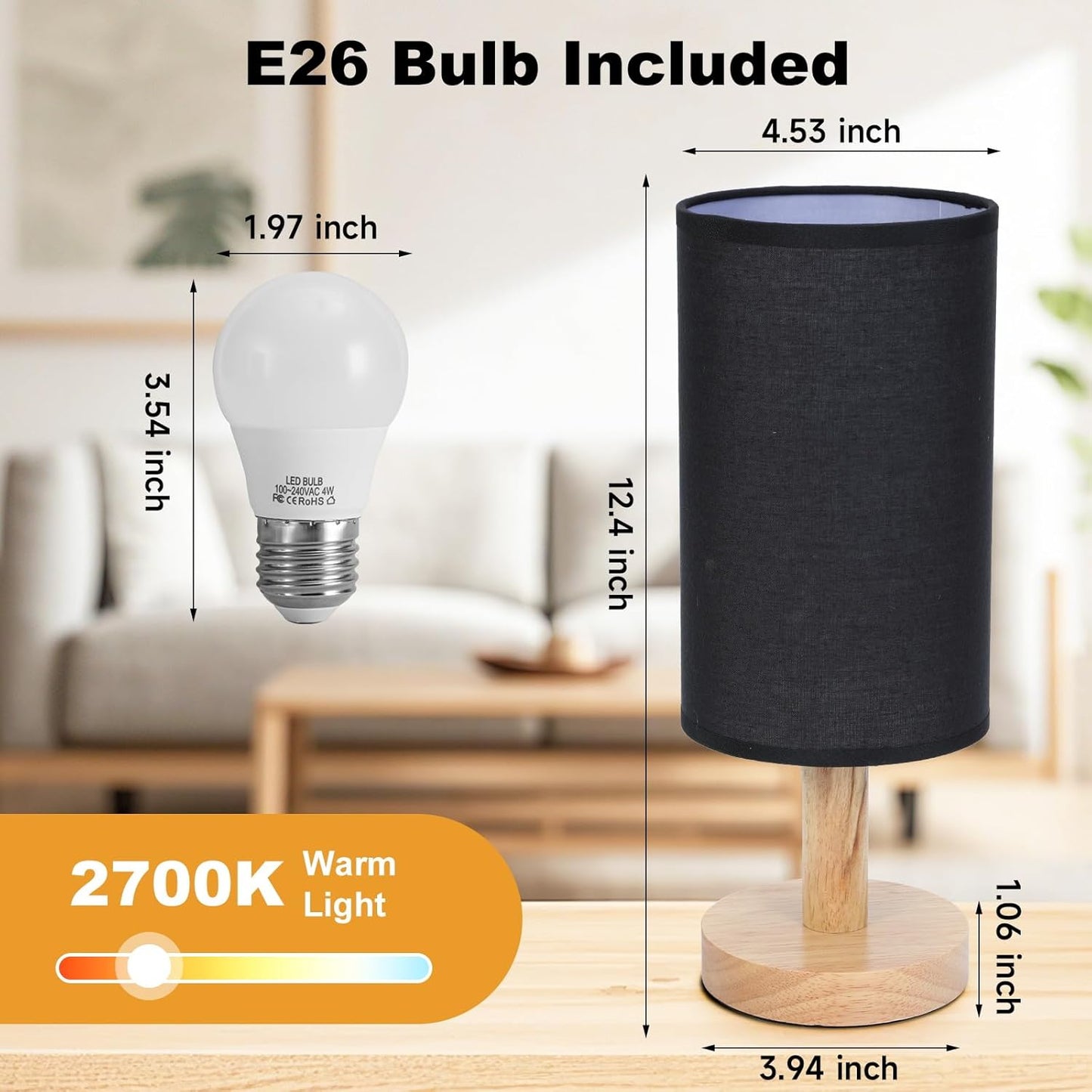Black Small Bedside Table Lamp for Bedroom,Natural Round Wood Base&Fabric Linen Shade,Cozy Night Table Light for Study Reading,Minimalist Boho Desk Lamp for Nightstand,Living Room,Nursery,Kitchen,Dorm