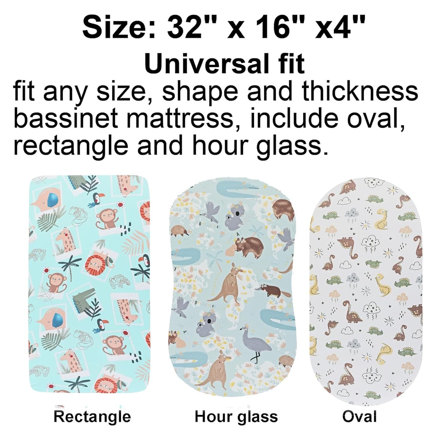 Onacosht Bassinet Sheets for Baby Boy and Girl, Stretchy Breathable Fitted Sheet Universal for Bassinet Cradle Hourglass Oval Rectangle Pad/Mattress, 4 Pack Woodland Animal Printing