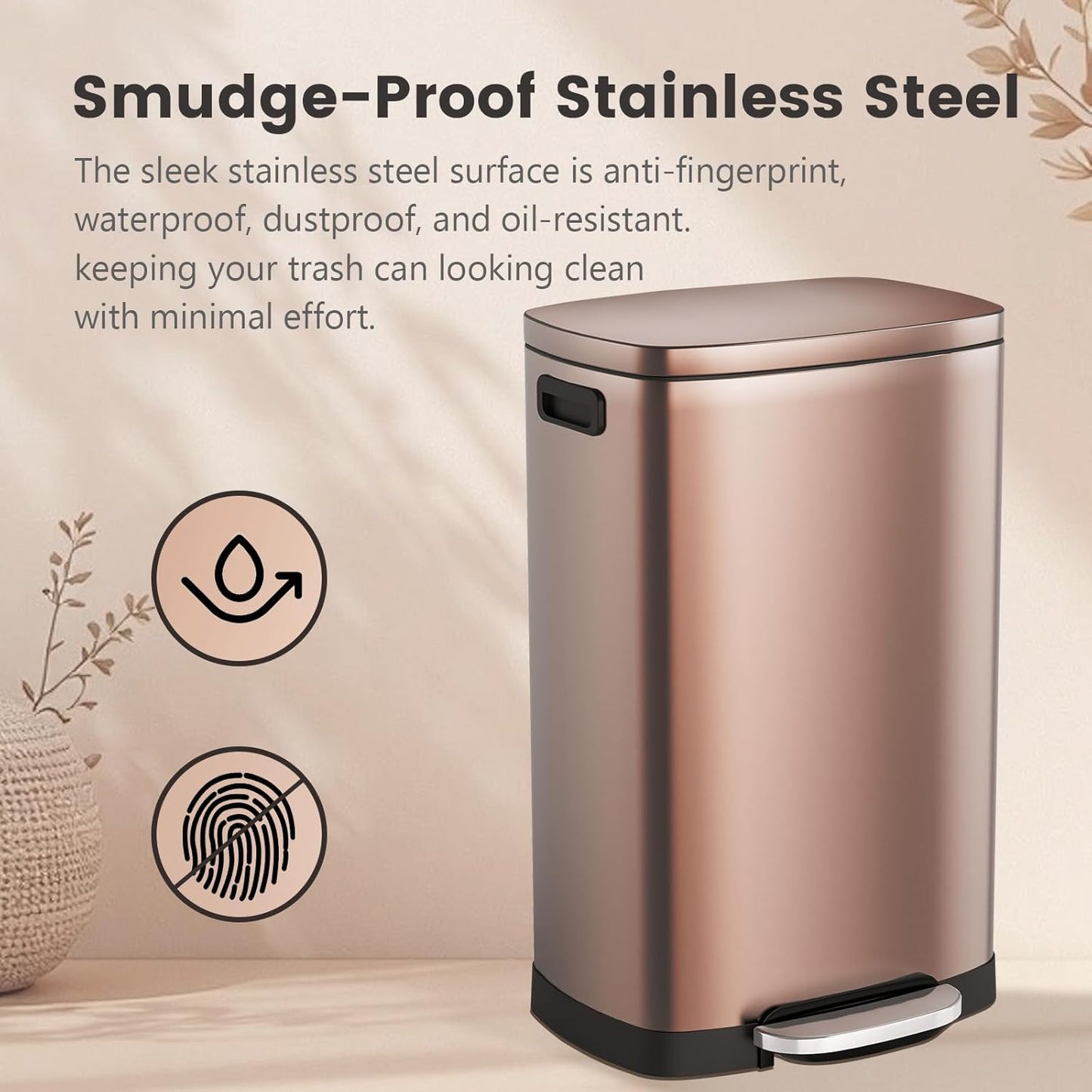 ELPHECO Kitchen Trash Can with Lid Soft Close, 13 Gallon / 50L Stainless Steel Pedal Garbage Can, Heavy-Duty Step Wastebasket with 20 Bags, Removable Bucket, Home Office, Champagne