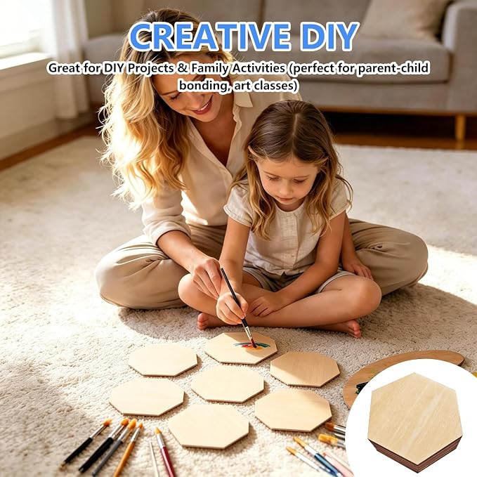50PCS Wooden Hexagonal, Made of Basswood, 4 Inch Unprocessed Wood Pieces