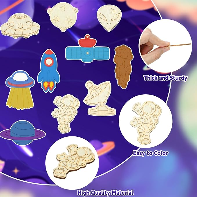 100 pcs Mixed Styles Universe Theme Unfinished Wooden Cutout Charms Alien