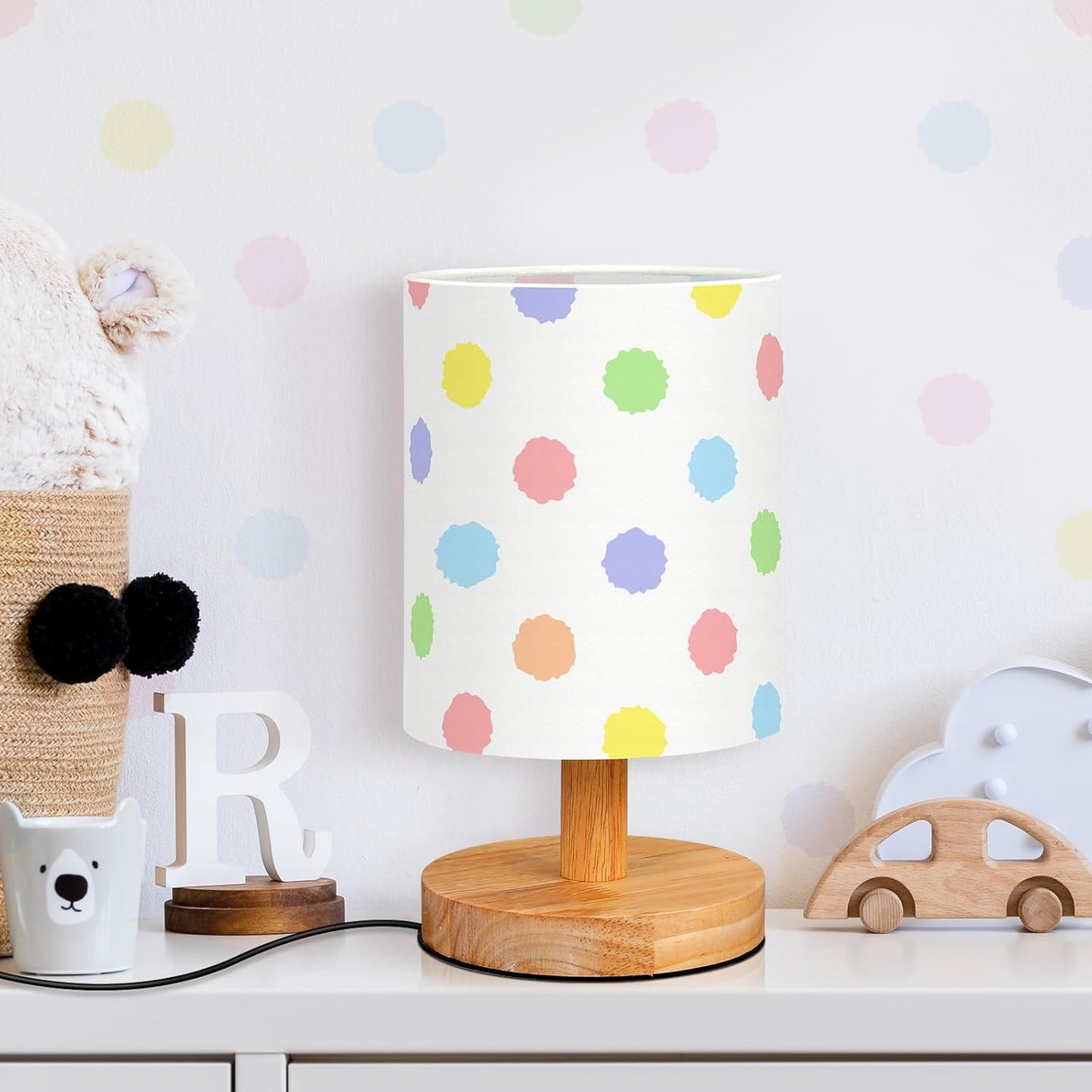 VIHOSE Polka Dot Kids Table Lamp for Bedroom Kids Bedside Lamp with Linen Wooden Nightstand Cartoon Nursery Lampshade for Girls Boys Living Room