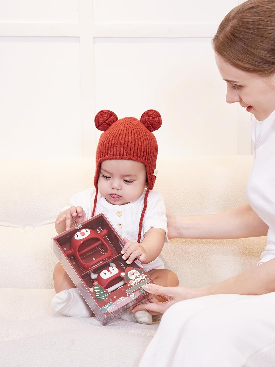 Baby Christmas Stocking Stuffers-Smily Mia Penguin Buddy and Reindeer 2 in 1 Christmas Gift/Toy Set for 0-12 Months Teething Babies, Teeting Mittens For Babies, Infant Christmas Gift Box-Christmas Red