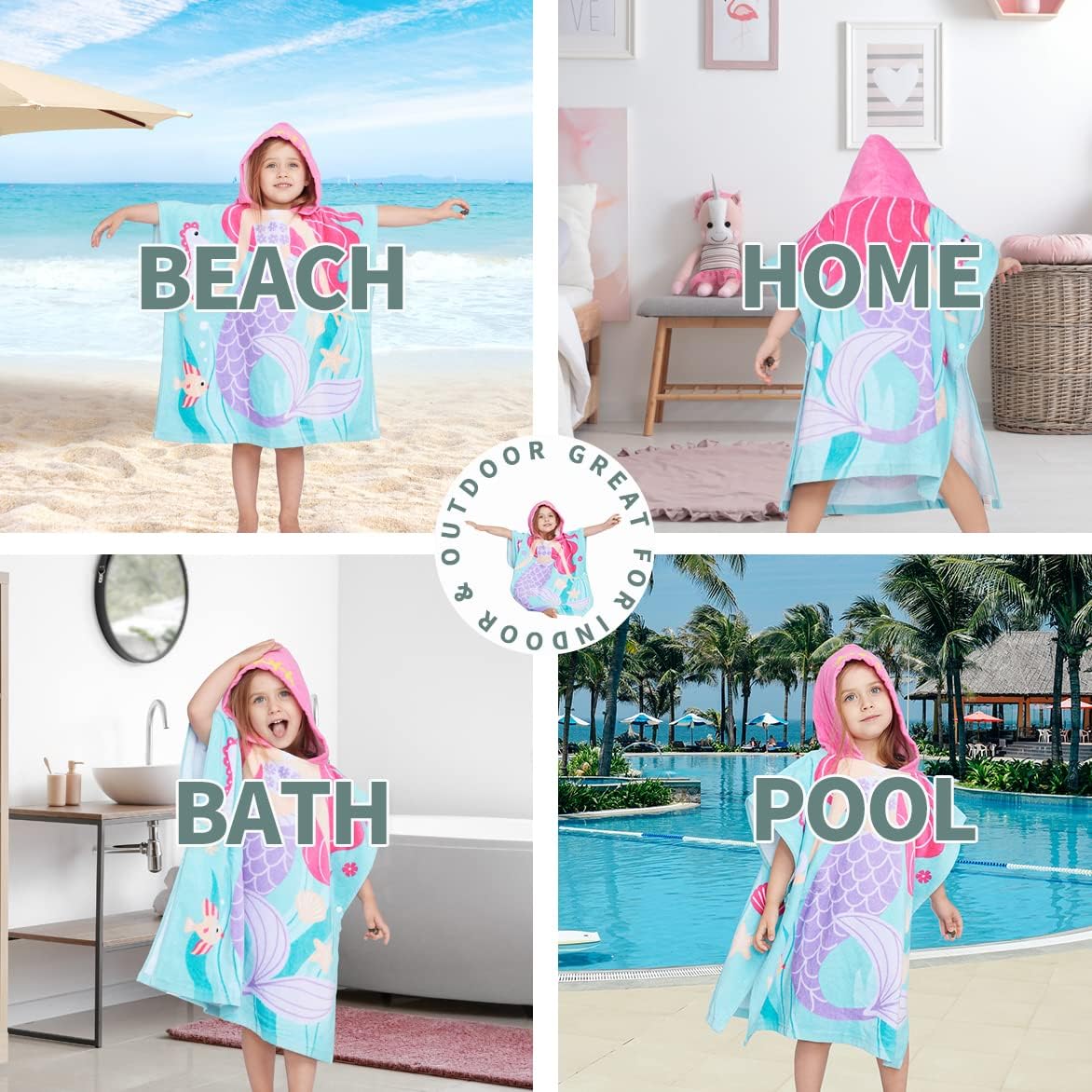 LALIFIT Little Mermaid 100% Cotton Hooded Towel for 2-6 Years Girls Boys Bath Beach Pool Towel,24 x 48 inches (Mermaid)
