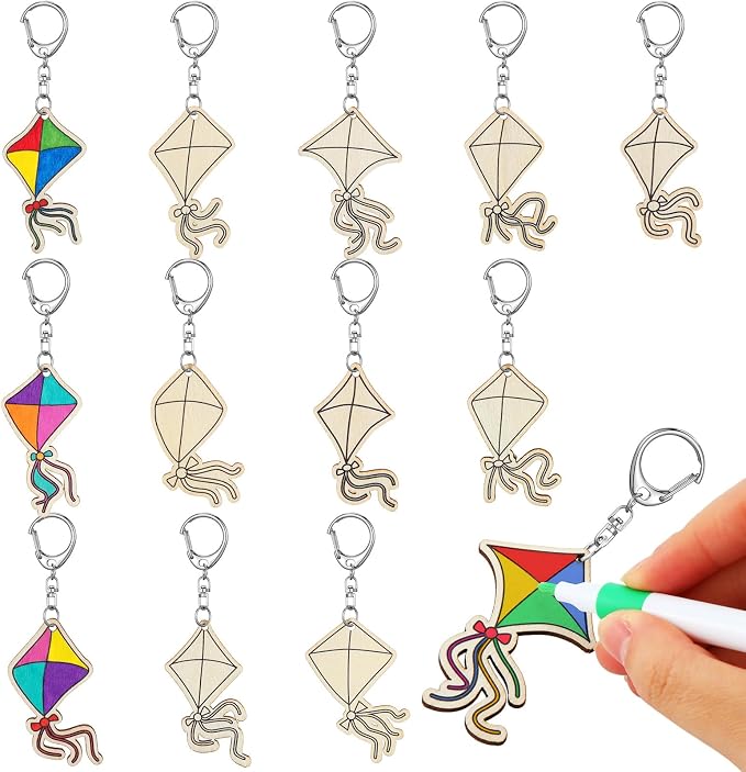 RattanView 24 Pcs Kites Crafts Color Your Own Keychains DIY Craft Wooden Blank