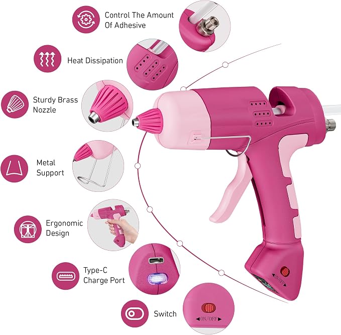 20W Cordless Hot Glue Gun with 30 Sticks Set, Rechargeable Pink Mini Glue Gun