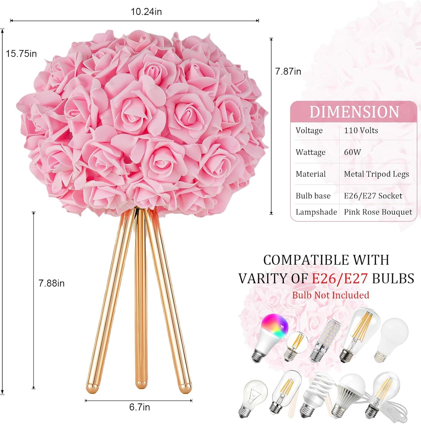 Pink Rose Flower Lamp Cute Table Lamp Flower Desk Lamp Floral Bedside Nighstand Light Atmosphere Girls Princess Lamp with Gold Tripod for Bedroom Wedding Christmas Gift Hotel Living Room