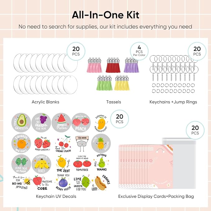 YOPPIX 140 PCS Acrylic Keychain Blank Set, Fruit Double-Sided UV DTF Stickers