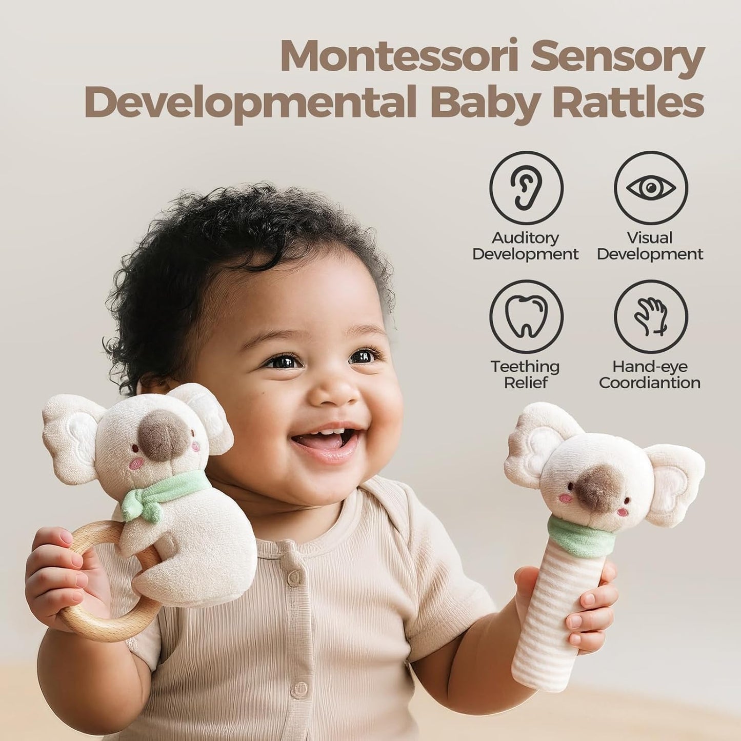 Evoceler 2 PCS Koala Rattles & Shaker Toys with Embroidered Details, Wooden Teething Ring Baby Toys, BPA-Free Sensory Toys for 0-3-6-12 Months, Squeaky Infant Toy, Ideal Baby Shower Boy Girl Gift