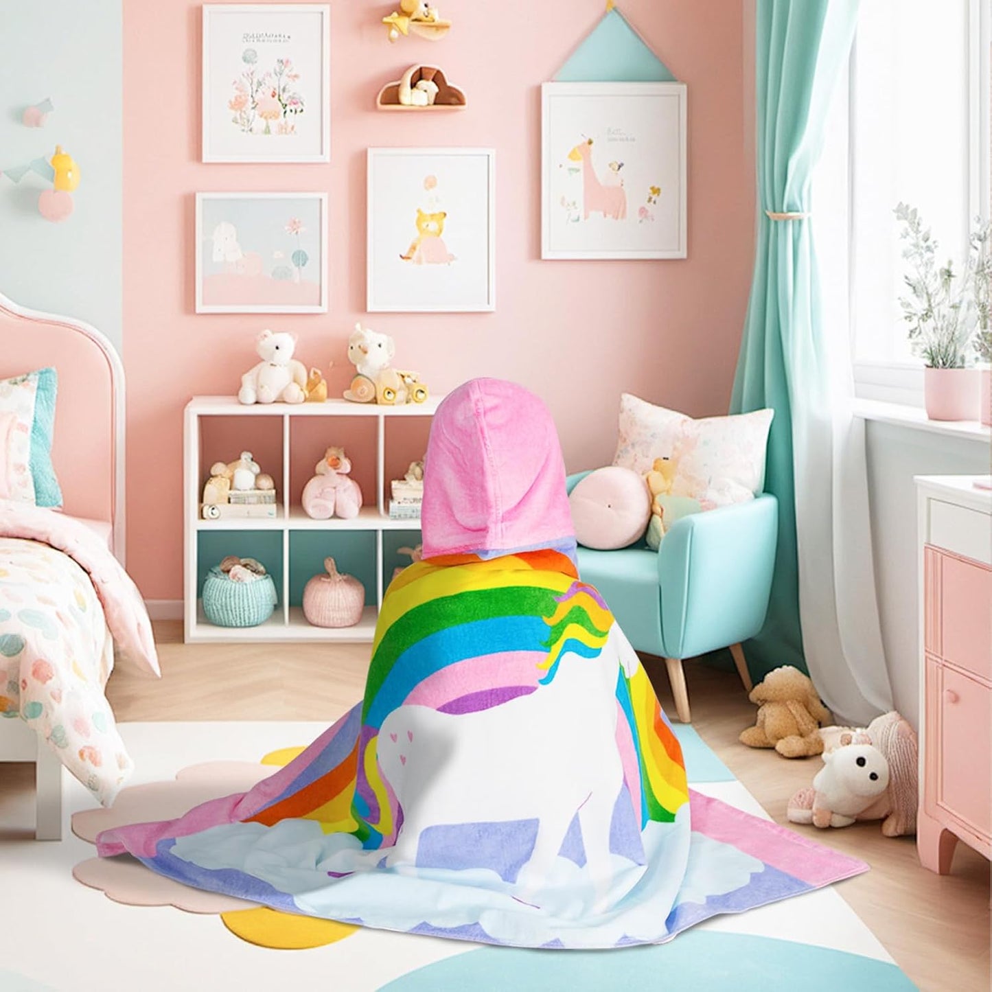 Kids Hooded Bath Towel-Soft Thick 100% Cotton Hooded Beach Towel for Kids 3-10 Years,Absorbent Fast-Drying Cute Toddler Bath & Swim Towel,for Boys & Girls,30"x50"(rainbowunicorn Pink)