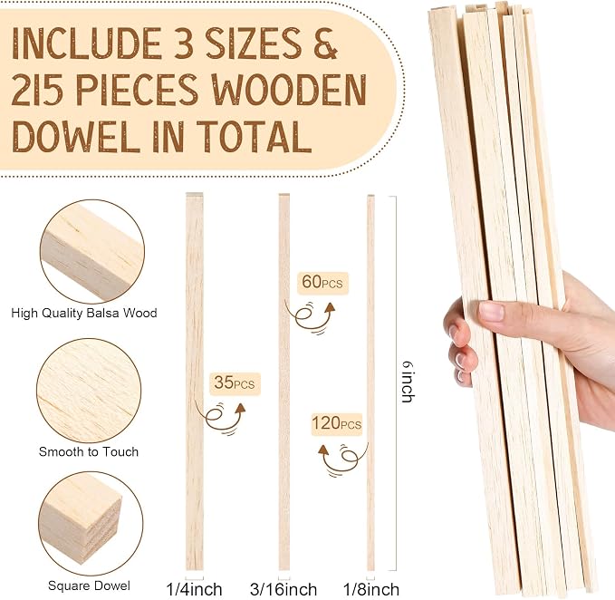 Yulejo 215 Pieces Balsa Wood Sticks Wooden Dowel Rods Square Hardwood