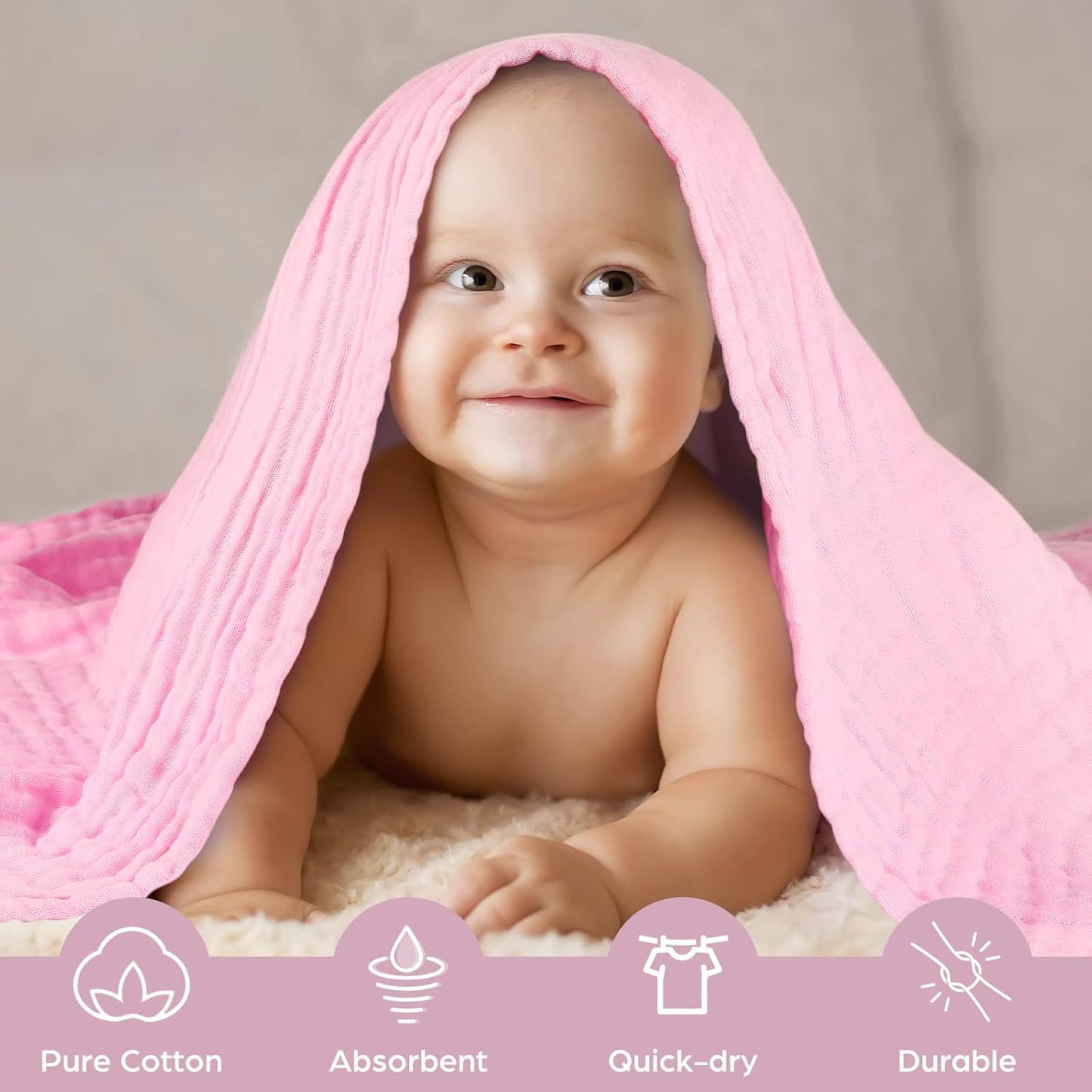 MUKIN Baby Bath Towels, Super Soft Cotton Receiving Blanket for Baby's Delicate Skin,2Pack Swaddle Blanket for Newborns Toddlers Boy Girl,Baby Registry as Shower (White+Pink)