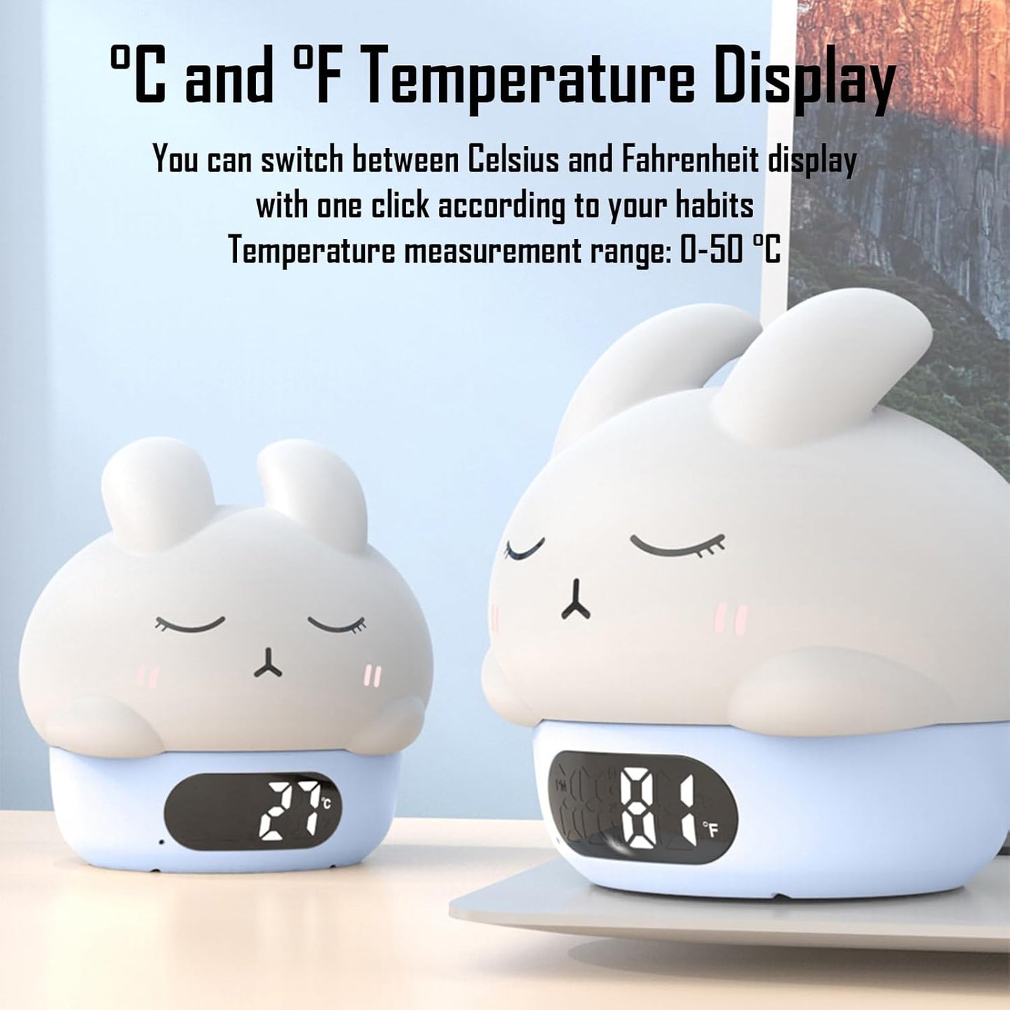 Cute Bunny RGB Rechargeable Night Light, Soft Silicone Lampshade, Adjustable Brightness LED Clock, Date, Alarm, Thermometer, Timer, Tap Control, Bedroom Lamp, Gift for Girl and Kid (Blue Bunny)