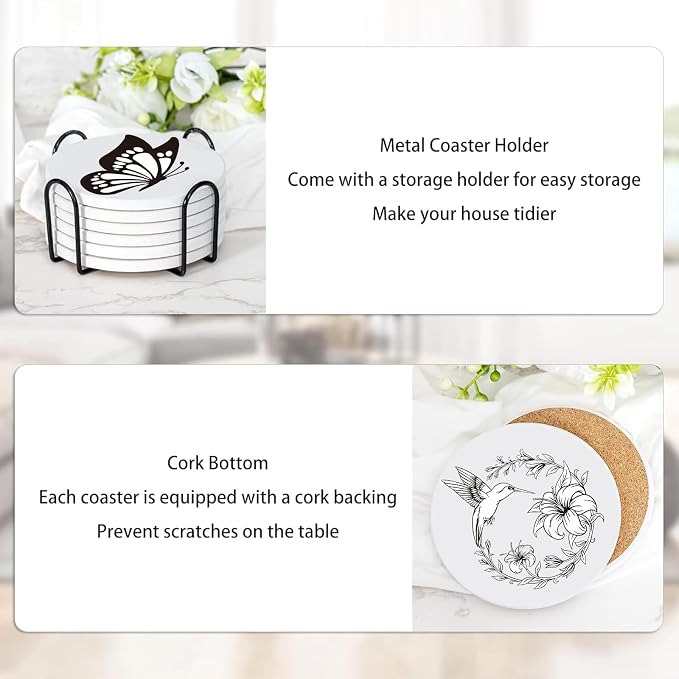 6 Absorbent Ceramic Tiles with Cork Base, Paint Your Own Butterfly Coaster |