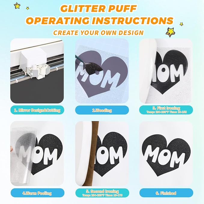 Glitter Puff Heat Transfer Vinyl, 12in X 5ft Iron on | 3D Puff, Wash No Fade