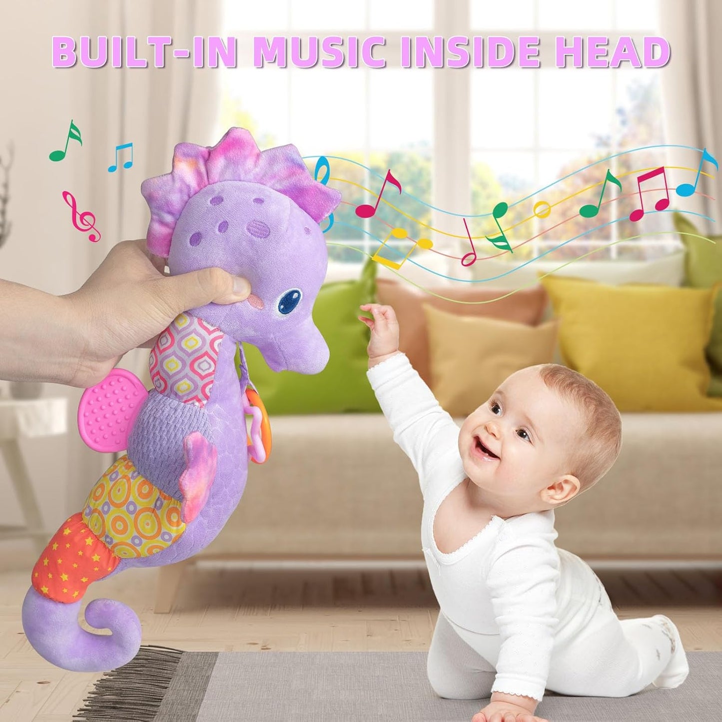 Baby Toys 0-6 Months,Infant Musical Seahorse Stuffed Animals Sensory Toys with Bright Colors,Multiple Textures,Rattles & Crinkle Sound Paper,Tummy Time Toy for Newborn Boys Girls 0-12 Months-Purple