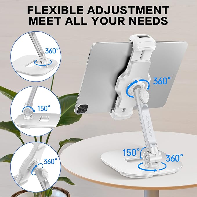 AboveTEK Upgraded Desktop Tablet Stand, 360° Swivel Tablet & Phone Desk Mount Holders for Any 4.7''-13.5'' Display iPad/Cell Phones, Stylish & Sturdy Stands for Store Office Showcase Reception (White)