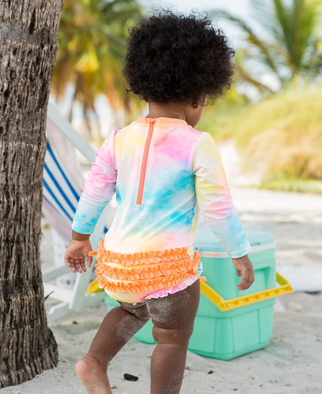 RuffleButts Baby Girls UPF 50+ Sun Protection Novelty Print Long Sleeve One Piece Rash Guard Swimsuit with Zipper