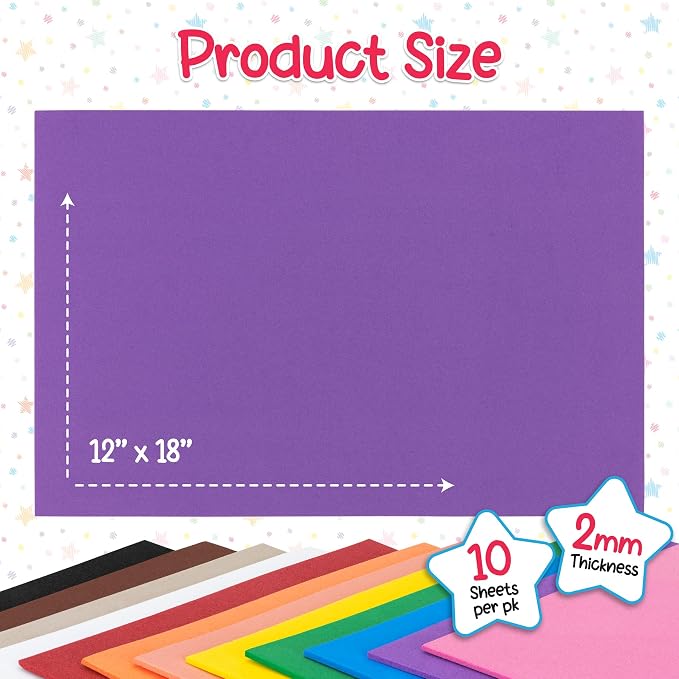 Hygloss Sheets Colorful Foam for DIY Arts & Craft, 12” x 18”, 10 Piece