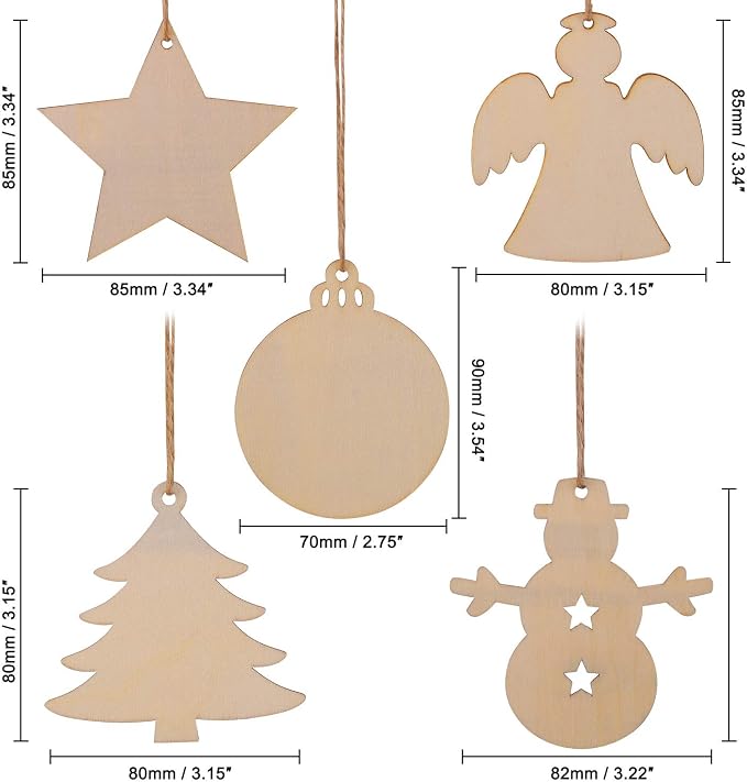 50 Pcs Unfinished Paintable Blank Wooden Christmas Festival Decoration Ornaments