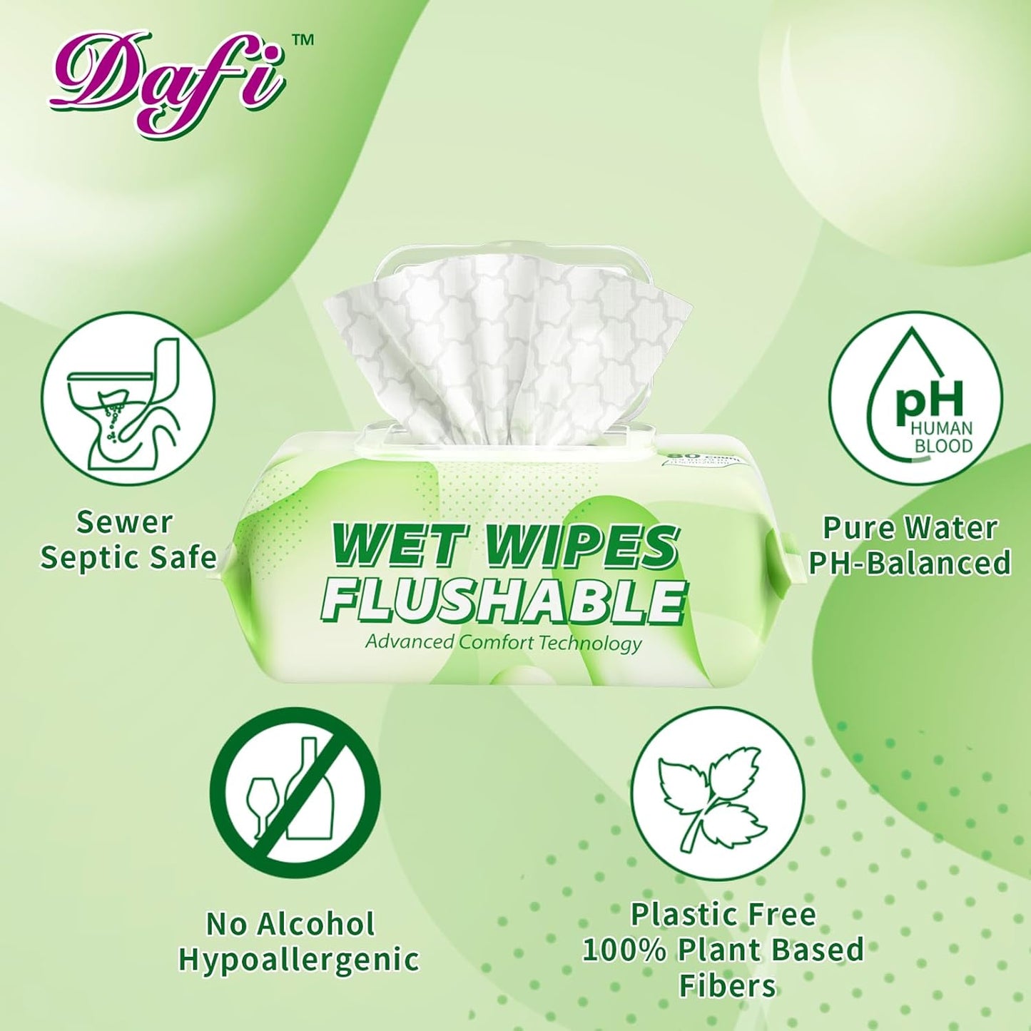 DAFI Flushable Wipes for Adult Wet Wipes, Total 480 Unscented Toilet Wipes Flushable, No Alcohol & 100% Plant Based Fibers, Septic and Sewer Safe Pack of 6