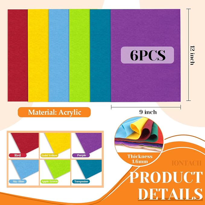 IONTACH 9" X 12" Soft Felt Sheets 1.6mm Thick | Felt Fabric