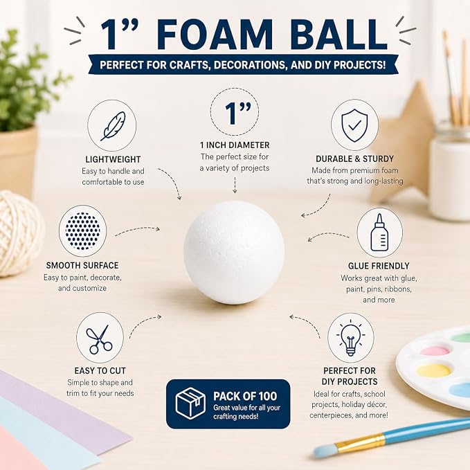Evershine 100 Pack 1 Inch Craft Foam Ball