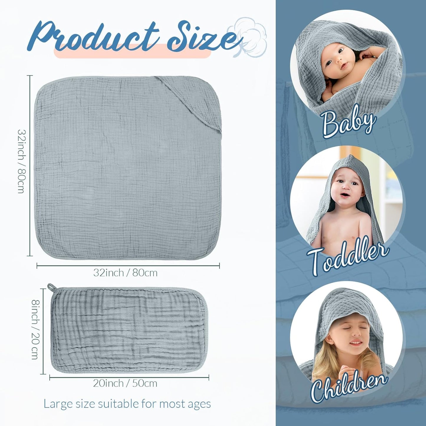 VitalCozy 8 Pcs Baby Muslin Hooded Bath Towels and Washcloths, 32 x 32 Inch Muslin Cotton Hooded Baby Towels Absorbent Hooded Blankets for Gift Newborn Infant Shower (Blue,White)