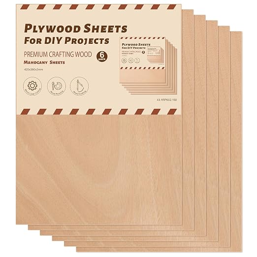Rowood 6 Pack Mahogany Plywood Sheets 1/8, 3mm Thin Unfinished Craft Wood