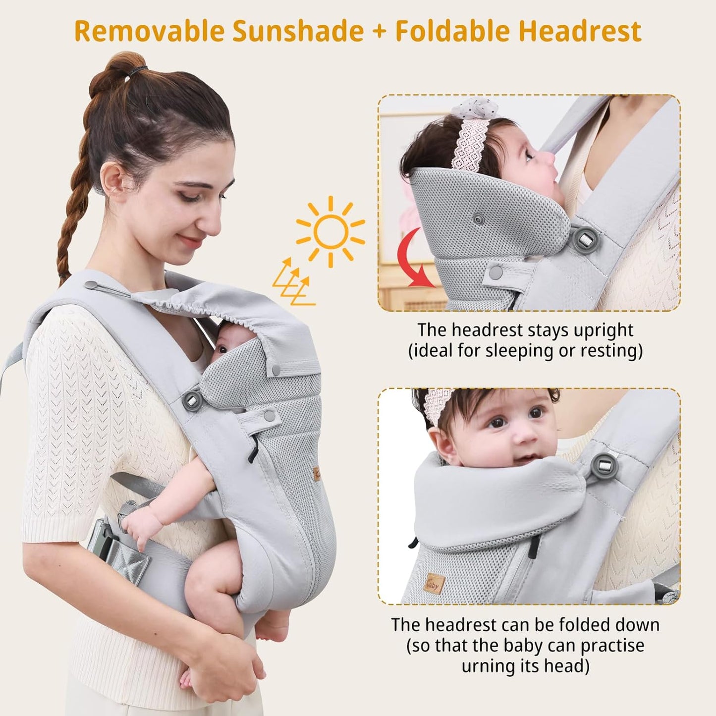 CUBY Newborn Baby Carrier with Head Support and Sunshield, Breathable & Adjustable Newborn Toddler Front Baby Carriers, Hands-Free Newborn Carrier up to 40lbs(Light Gray, Upgraded-with Waist Belt)