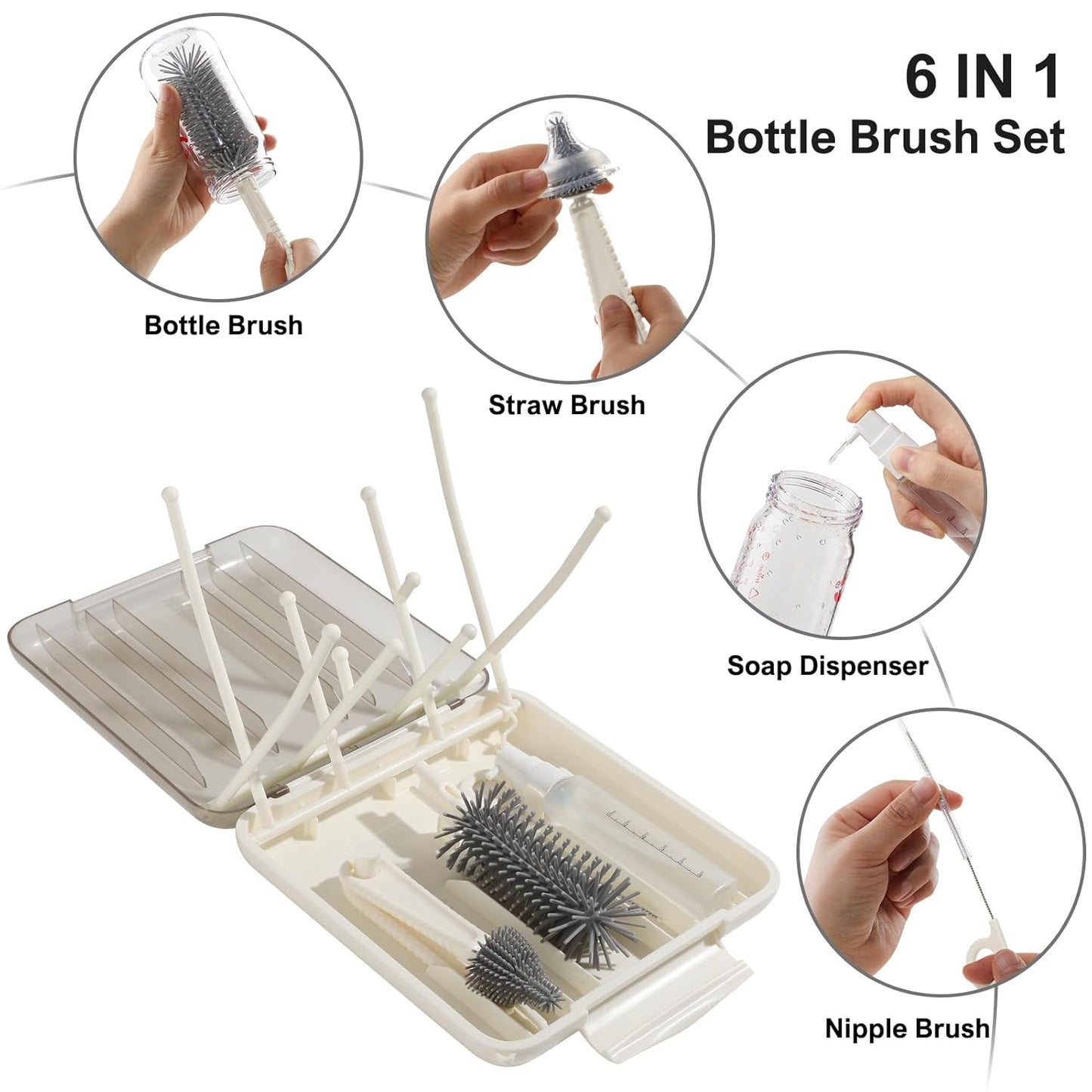 6 in 1 Baby Bottle Brush Set,Bottle Cleaner Brush Kit with Silicone Bottle Brush,Drying Rack,Nipple Brush,Straw Brush,Soap Dispenser&Storage Box,Portable Baby Essentials for Home&Travel (White)