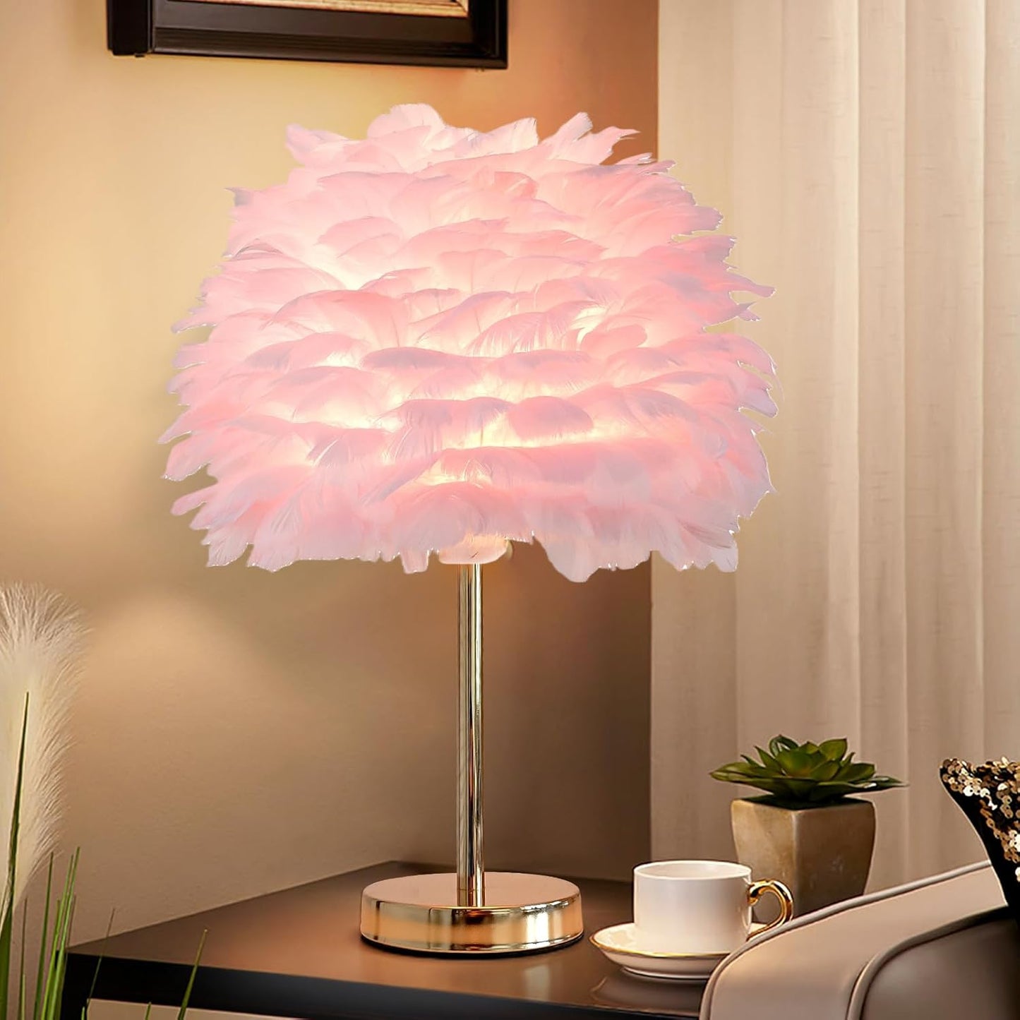 ZYLEIESENBAO Pink Feather Lamp Cute Romantic Goose Feather Table Lamp Furry Nightstand Light with Gold Base Bedside Lamp for Girl Bedroom Wedding Living Room Hotel Decorative