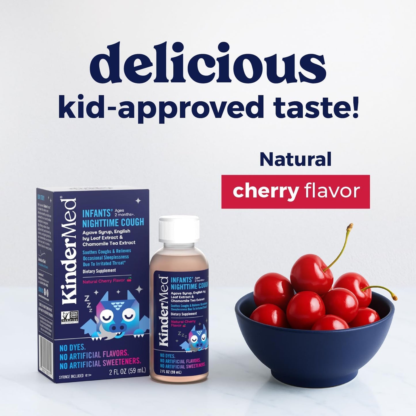 KinderMed Infants' Nighttime Cough, Organic Agave Syrup, English Ivy Leaf Extract, Chamomile Tea Extract, No Dyes, No Artificial Flavors or Sweeteners, Ages 2 Months+, Natural Cherry Flavor (2 Fl Oz)