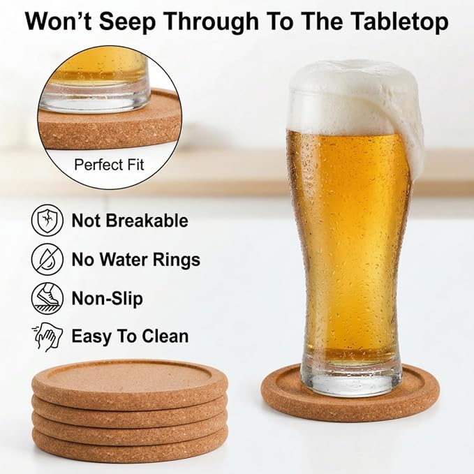 Tebery 20 Pack Round Lip Cork Coasters, 3.9 Inch Absorbent Drink Coaster