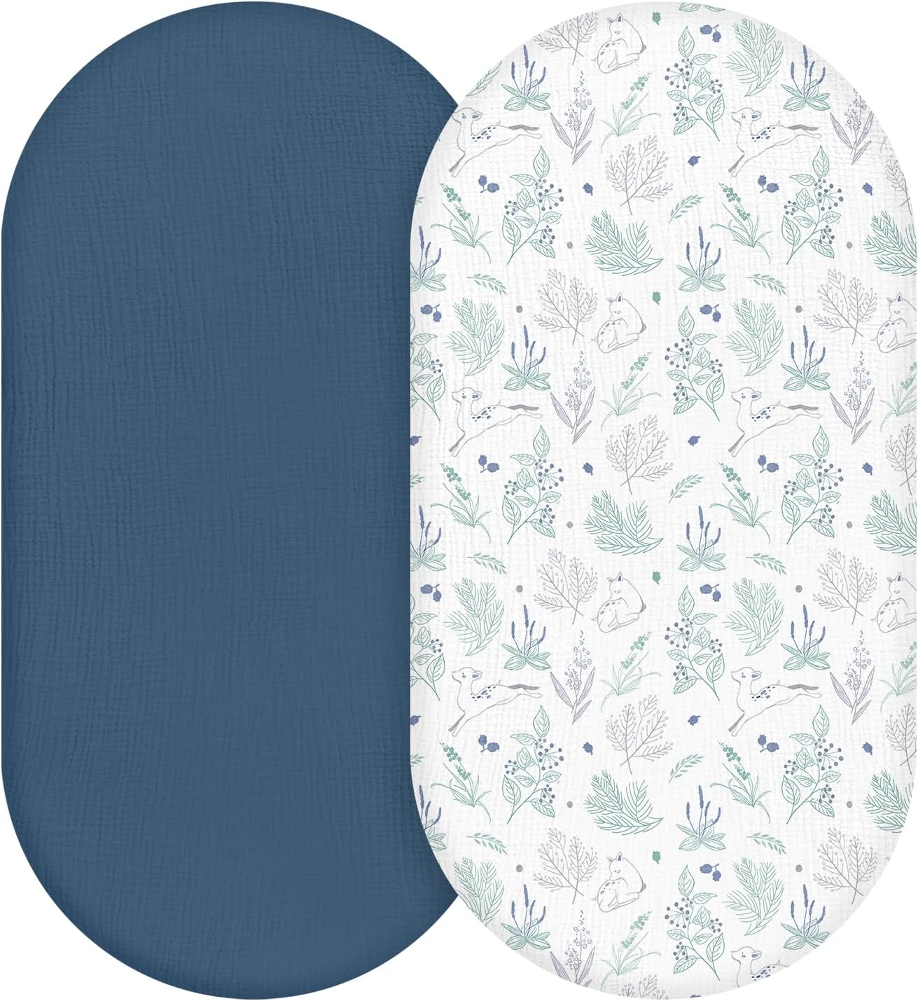Muslin Bassinet Fitted Sheets, 2 Pack for Baby Boy and Girl, Soft Breathable Baby Pad/Mattress Sheet, Fit for Hourglass Oval and Rectangle Bassinet Mattress (Blue Deer)