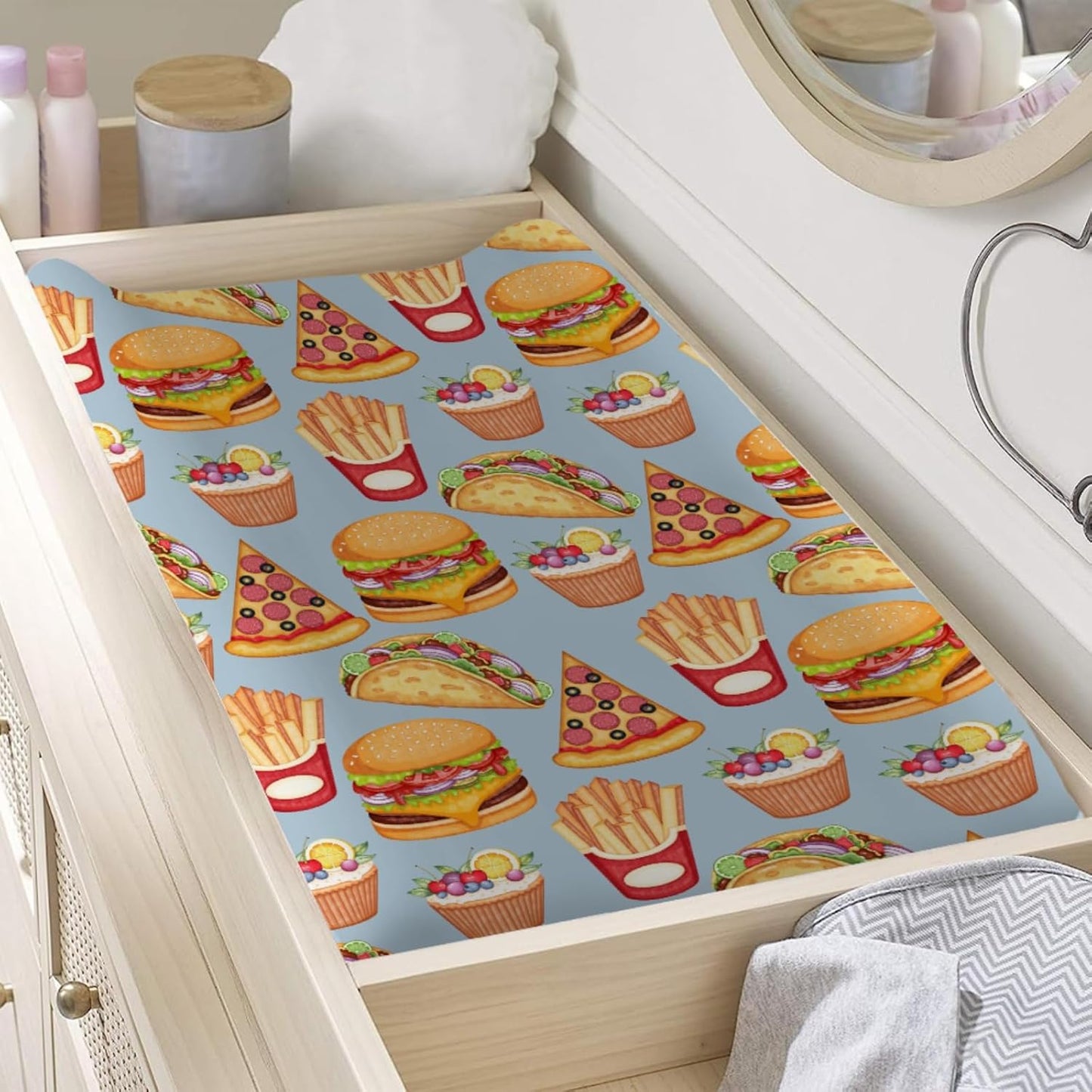 Funny Burger French Fries Cupcake Pizza Diaper Changing Pad Cover Sheets for Boys & Girls 32''x16'' Unisex Fitted Diaper Changing Table Cover Mats Comfort Soft Breathable Cradle & Bassinet Sheets