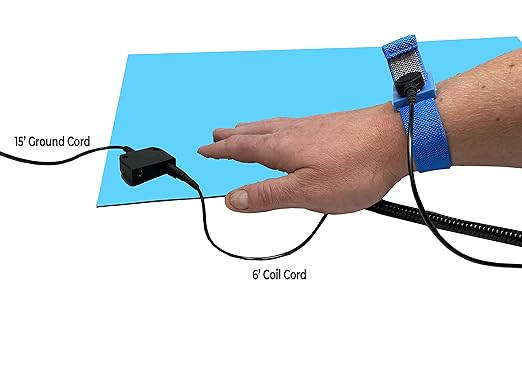 RubberStat Dual Layer ESD Compliant Workstation Rubber Table Mat Kit, Soldering, Cell Phone Repair, with Wrist Strap Set and Ground Cord - 36"x16" Blue