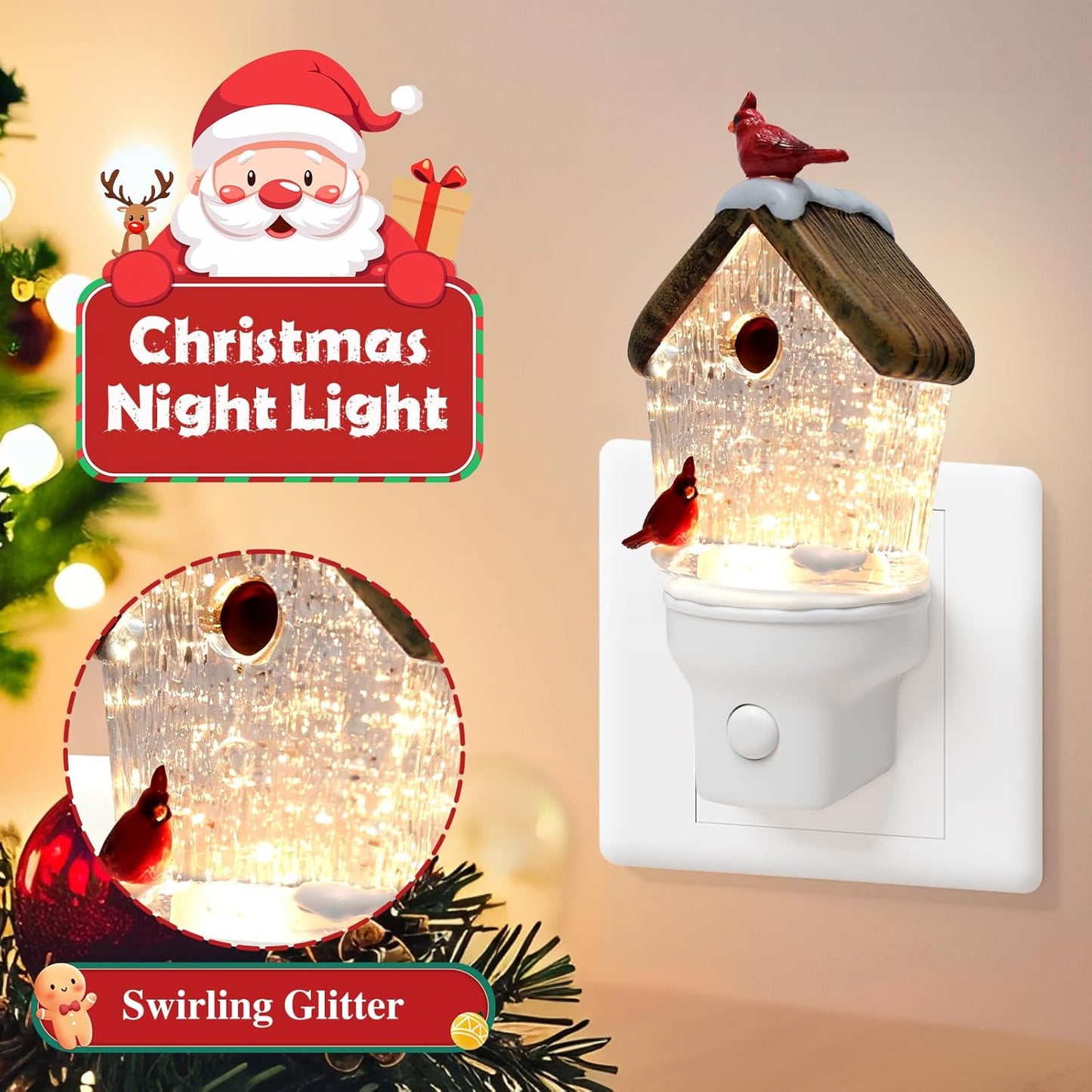 2 Pack Christmas Birdhouse Night Light Plug into Wall Glitter Water Nightlight with USB/Outlet Options, Christmas Decorative Nightlight for Bedroom Kitchen Holiday Decorations Gifts (Birdhouse)