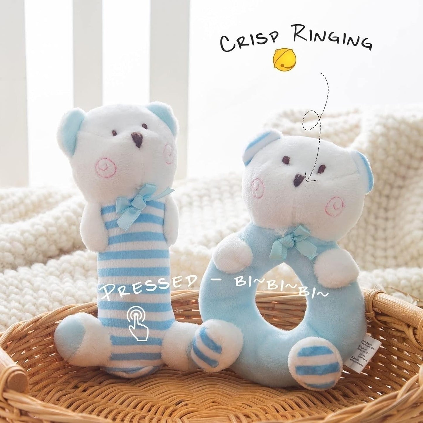 Plush Baby Soft Rattle Toys, Blue Bear Baby Rattles for Infants Baby First Stuffed Animal Plush Rattle Shaker Set for Newborns Soft Ring Rattle Sensory Toys for Infant Boys Girls Shower Gifts, 2 PCS
