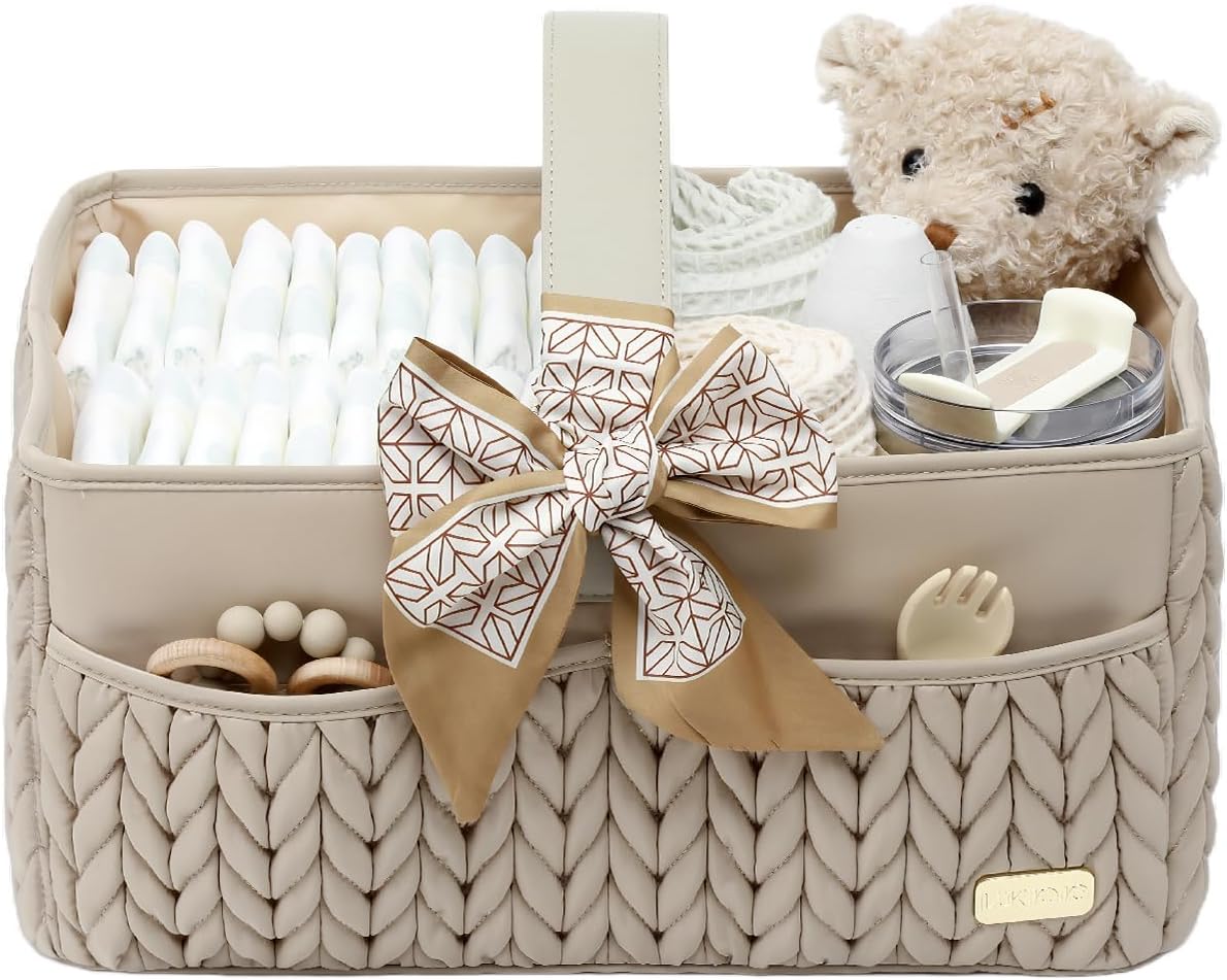 Luxurious Baby Diaper Caddy, Nursery Storage Basket for Newborn Essentials, Travel Baby Basket for Diapers Baby Wipes, Organizer Tote Bag Storage Bin, Baby Shower Gifts(Beige)